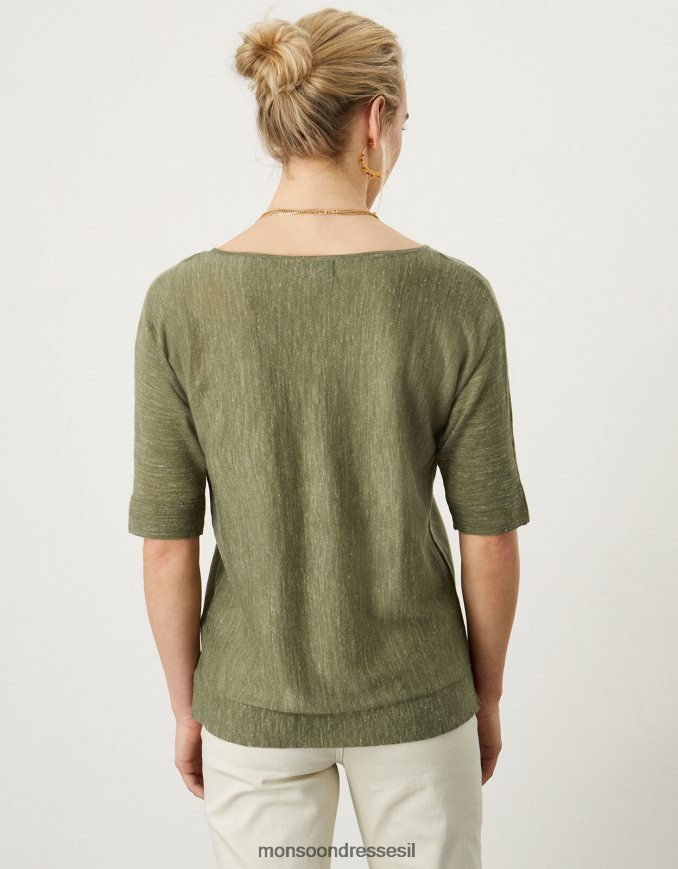 הַלבָּשָׁה Monsoon מגשר חולצה עם צווארון V בתערובת פשתן ירוק (חאקי) נשים HTJ0TZ1072