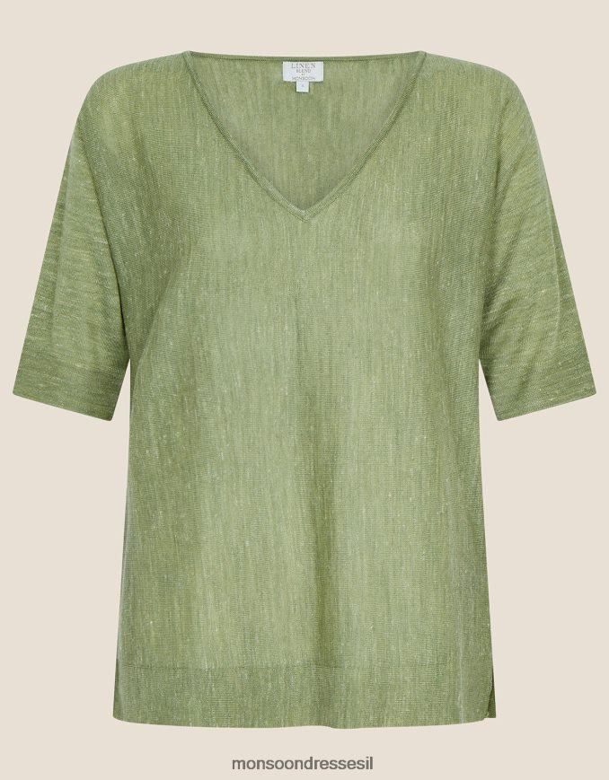 הַלבָּשָׁה Monsoon מגשר חולצה עם צווארון V בתערובת פשתן ירוק (חאקי) נשים HTJ0TZ1072