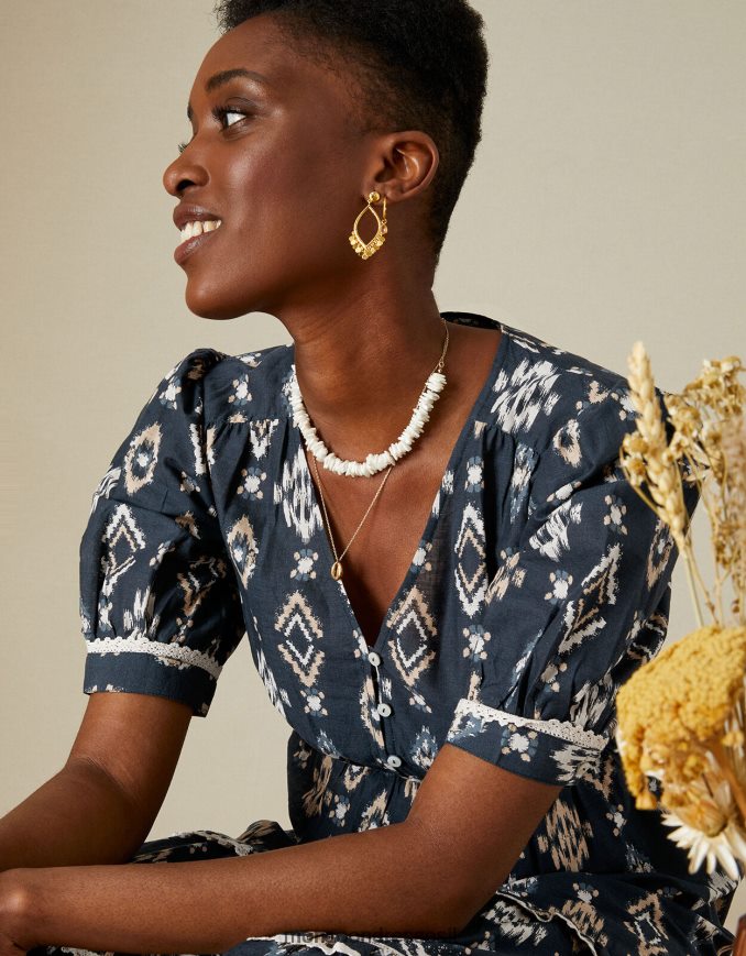 הַלבָּשָׁה Monsoon שמלת מידי עם צווארון V בהדפס איקאט מכותנה בת קיימא כחול (צי) נשים HTJ0TZ1121