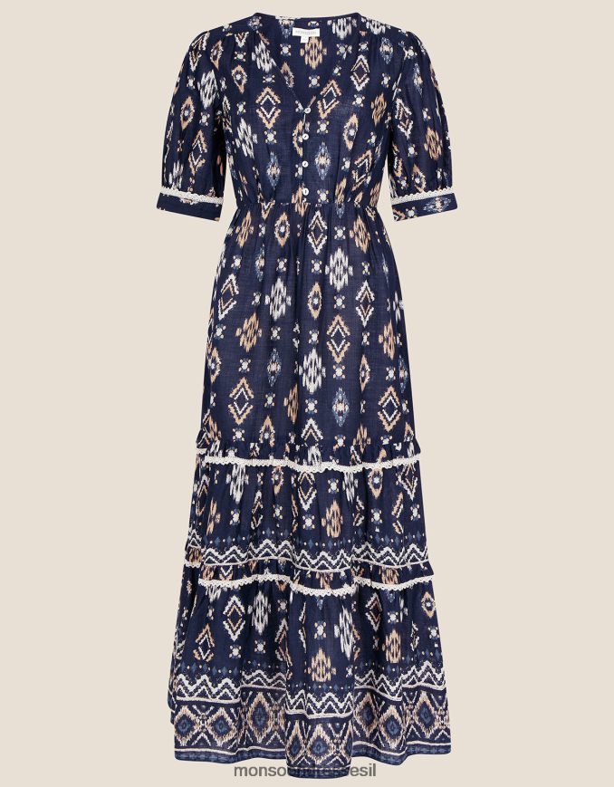 הַלבָּשָׁה Monsoon שמלת מידי עם צווארון V בהדפס איקאט מכותנה בת קיימא כחול (צי) נשים HTJ0TZ1121