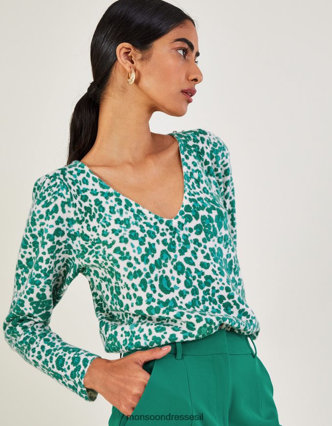 הַלבָּשָׁה Monsoon מגשר עם צווארון V בהדפס חיות עם פוליאסטר ממוחזר ירוק נשים HTJ0TZ512