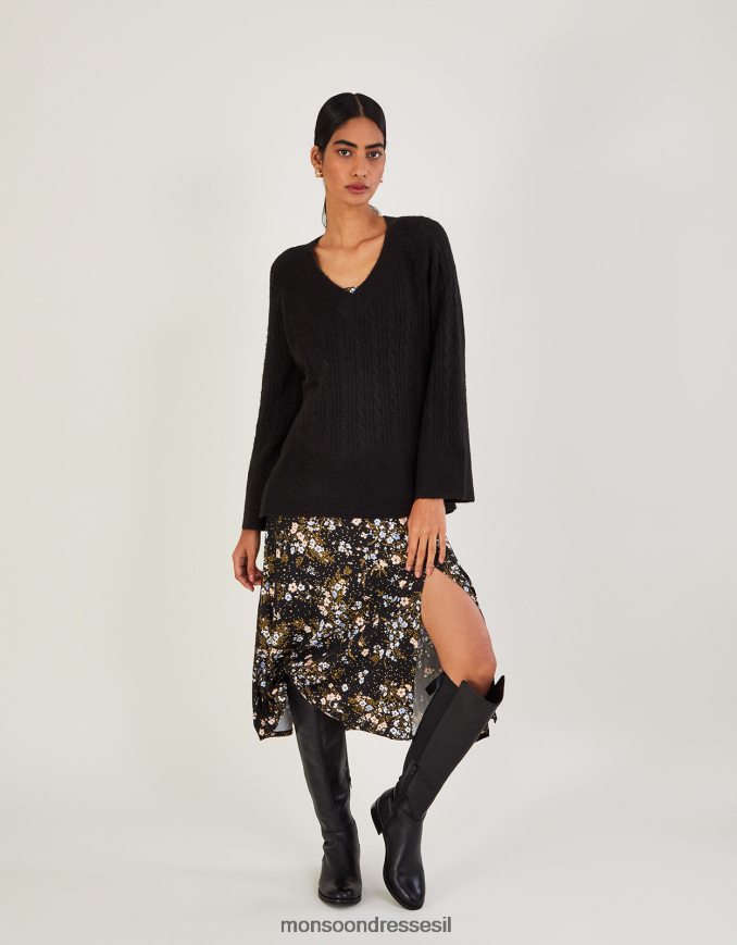 הַלבָּשָׁה Monsoon מגשר כבל עם צווארון V עם פוליאסטר ממוחזר שָׁחוֹר נשים HTJ0TZ606