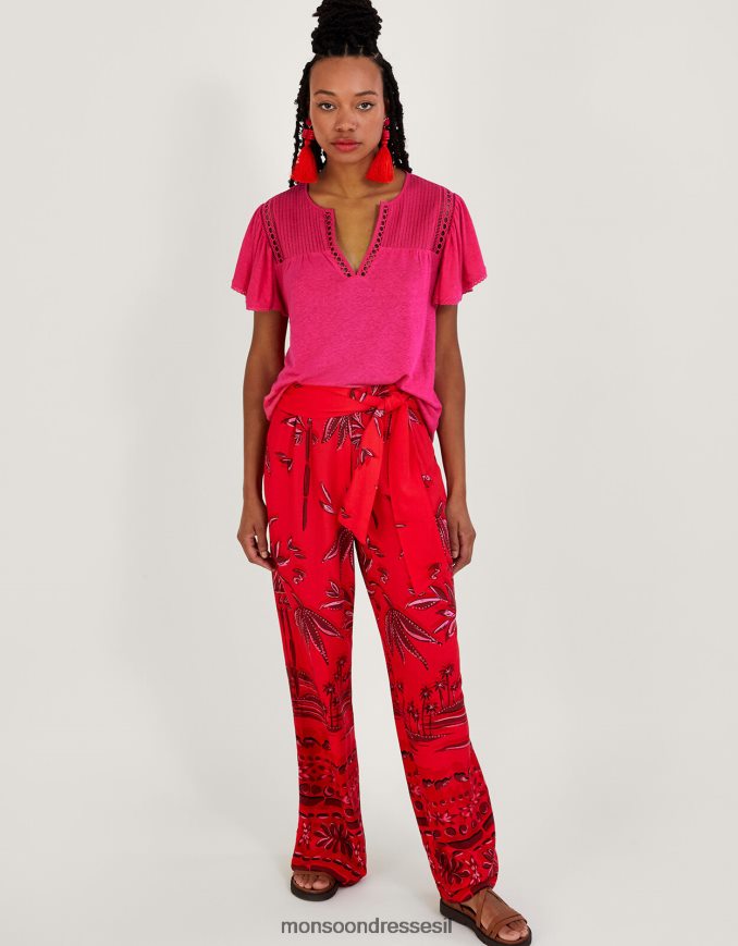 הַלבָּשָׁה Monsoon חלק עליון ארוג עם צווארון V בתערובת פשתן וָרוֹד נשים HTJ0TZ677