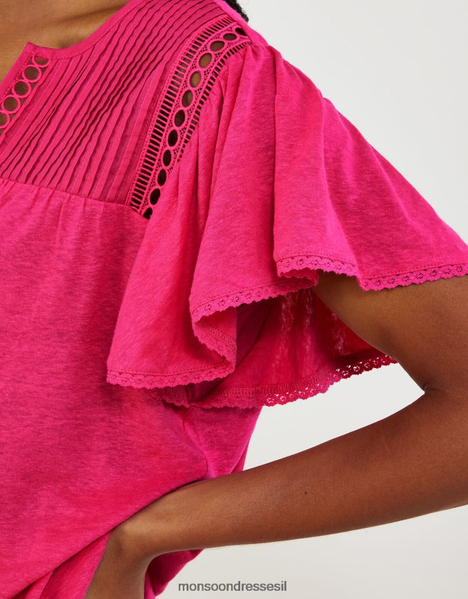 הַלבָּשָׁה Monsoon חלק עליון ארוג עם צווארון V בתערובת פשתן וָרוֹד נשים HTJ0TZ677