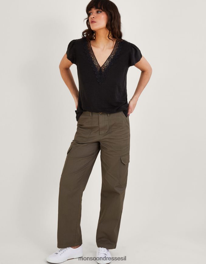 הַלבָּשָׁה Monsoon חלק עליון עם צווארון V תחרה בתערובת פשתן שָׁחוֹר נשים HTJ0TZ798