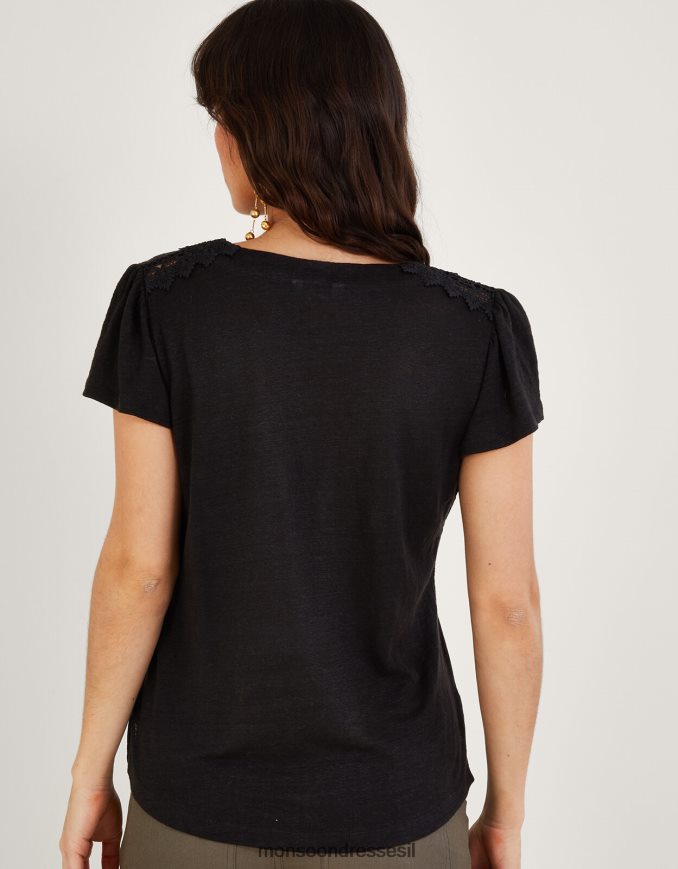 הַלבָּשָׁה Monsoon חלק עליון עם צווארון V תחרה בתערובת פשתן שָׁחוֹר נשים HTJ0TZ798