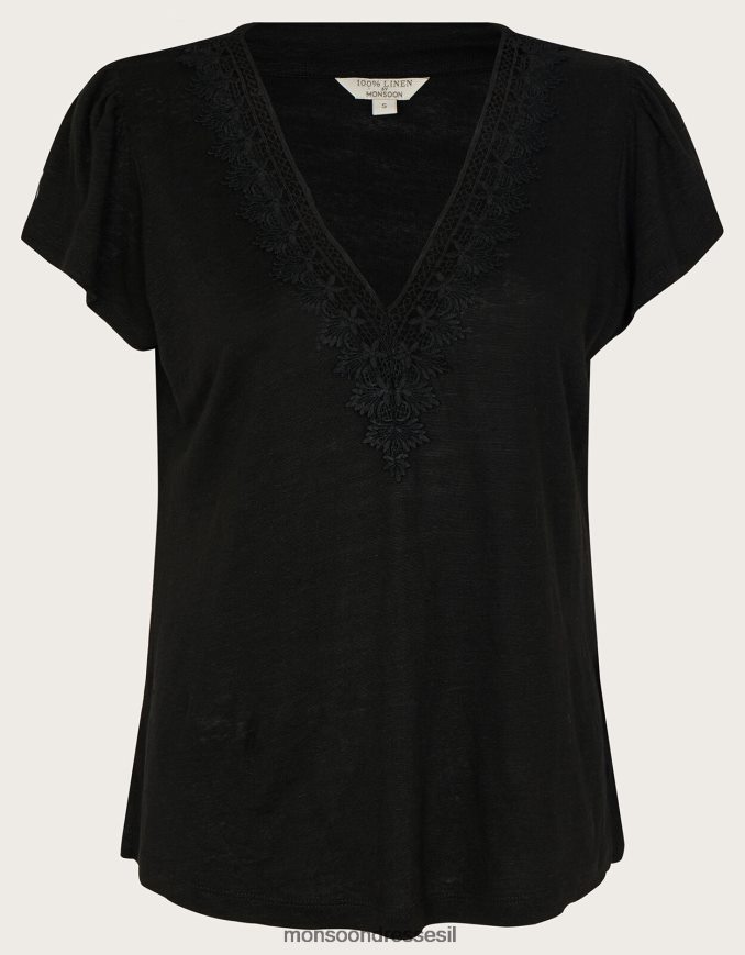 הַלבָּשָׁה Monsoon חלק עליון עם צווארון V תחרה בתערובת פשתן שָׁחוֹר נשים HTJ0TZ798