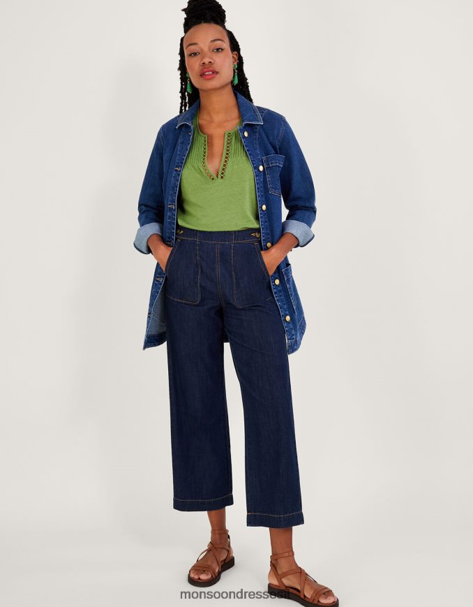 הַלבָּשָׁה Monsoon חלק עליון ארוג עם צווארון V בתערובת פשתן ירוק נשים HTJ0TZ819