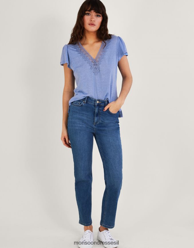 הַלבָּשָׁה Monsoon חלק עליון עם צווארון V תחרה בתערובת פשתן כְּחוֹל נשים HTJ0TZ887