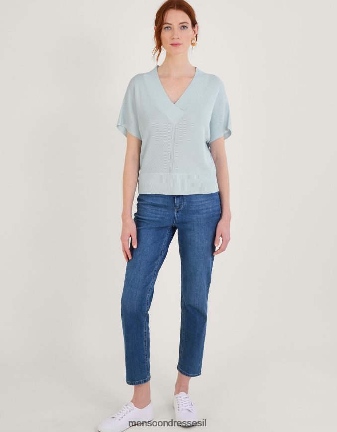 הַלבָּשָׁה Monsoon מגשר מתכתי עם שרוולים קצרים עם צווארון V כְּחוֹל נשים HTJ0TZ888