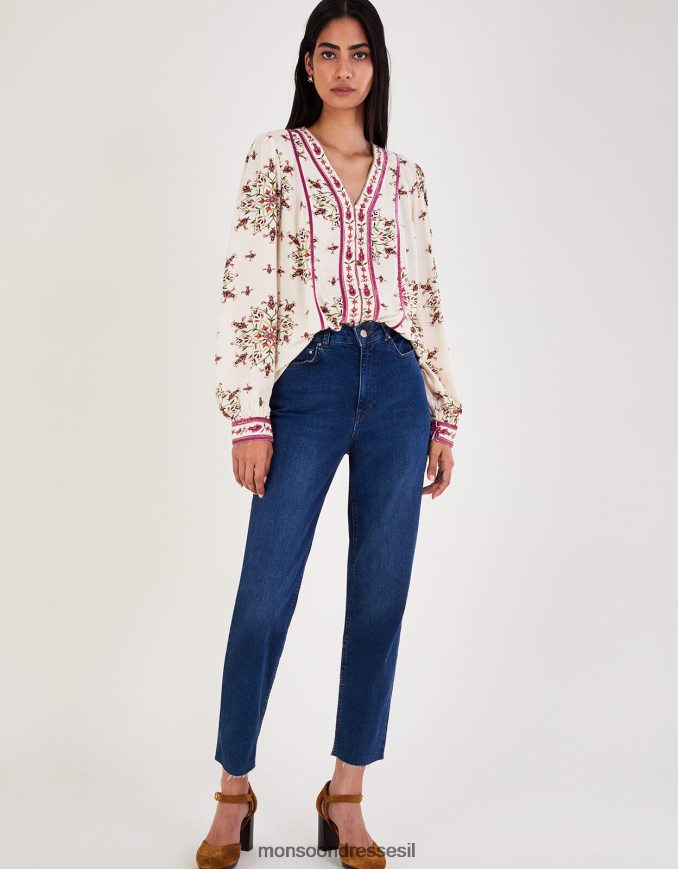 הַלבָּשָׁה Monsoon חלק עליון עם צווארון V בהדפס פרחים שֶׁנהָב נשים HTJ0TZ8