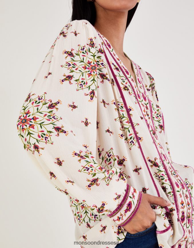 הַלבָּשָׁה Monsoon חלק עליון עם צווארון V בהדפס פרחים שֶׁנהָב נשים HTJ0TZ8