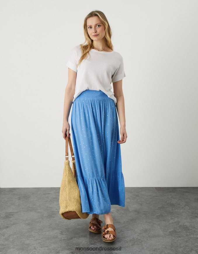 הַלבָּשָׁה Monsoon חצאית שכבת מקסי נייר כסף של boho כְּחוֹל נשים HTJ0TZ1134