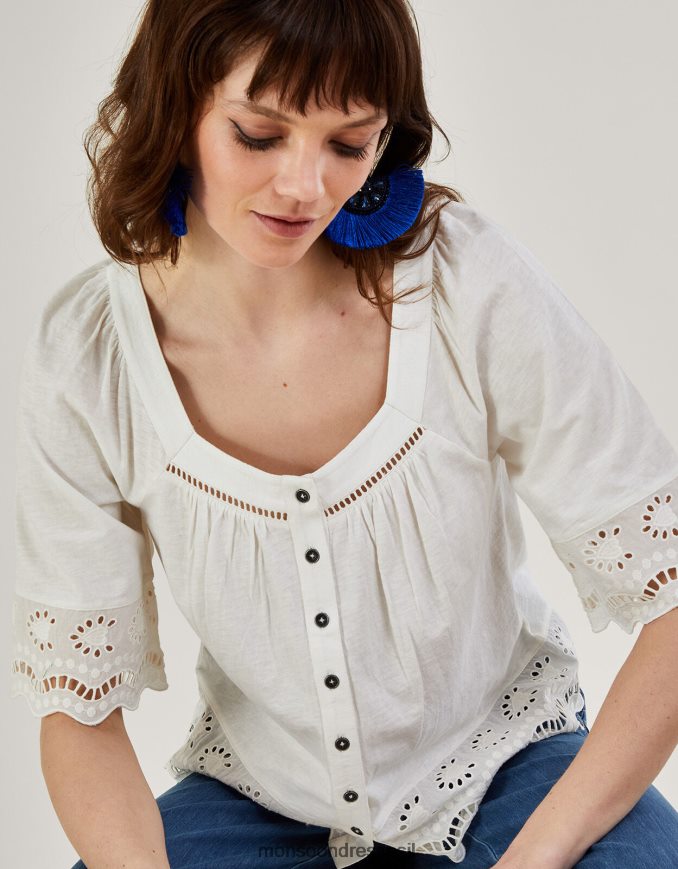 הַלבָּשָׁה Monsoon חלק עליון עם כפתורים של broderie שֶׁנהָב נשים HTJ0TZ215