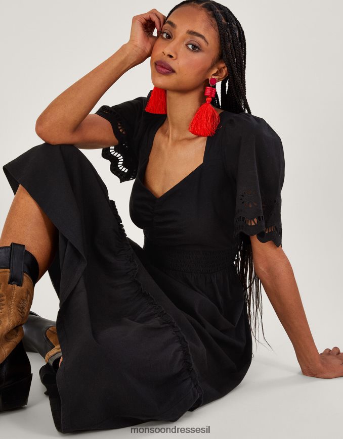 הַלבָּשָׁה Monsoon שמלת מידי בגזרת broderie שָׁחוֹר נשים HTJ0TZ957