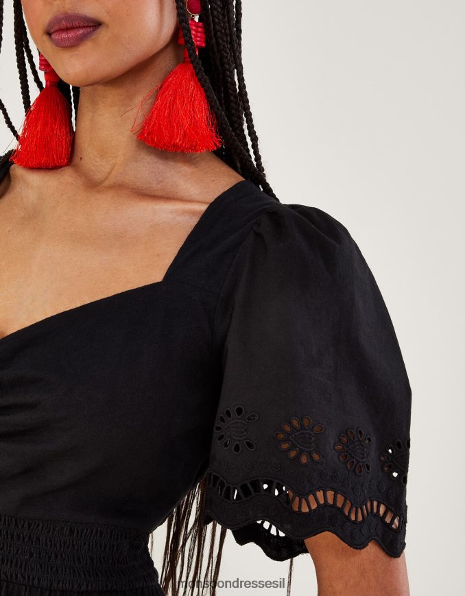 הַלבָּשָׁה Monsoon שמלת מידי בגזרת broderie שָׁחוֹר נשים HTJ0TZ957