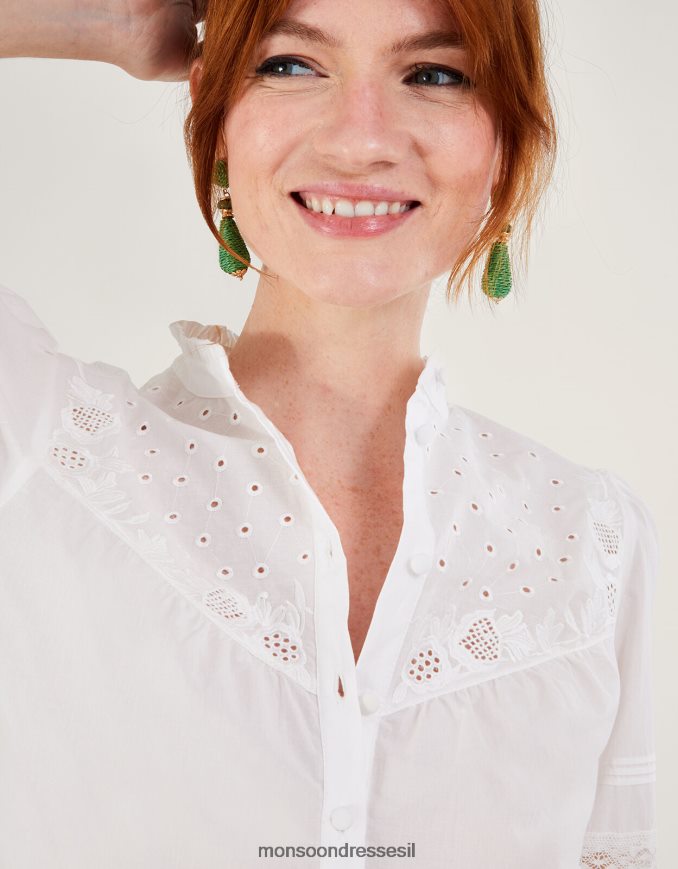הַלבָּשָׁה Monsoon חולצה רקומה ברונווין broderie pintuck לבן נשים HTJ0TZ122