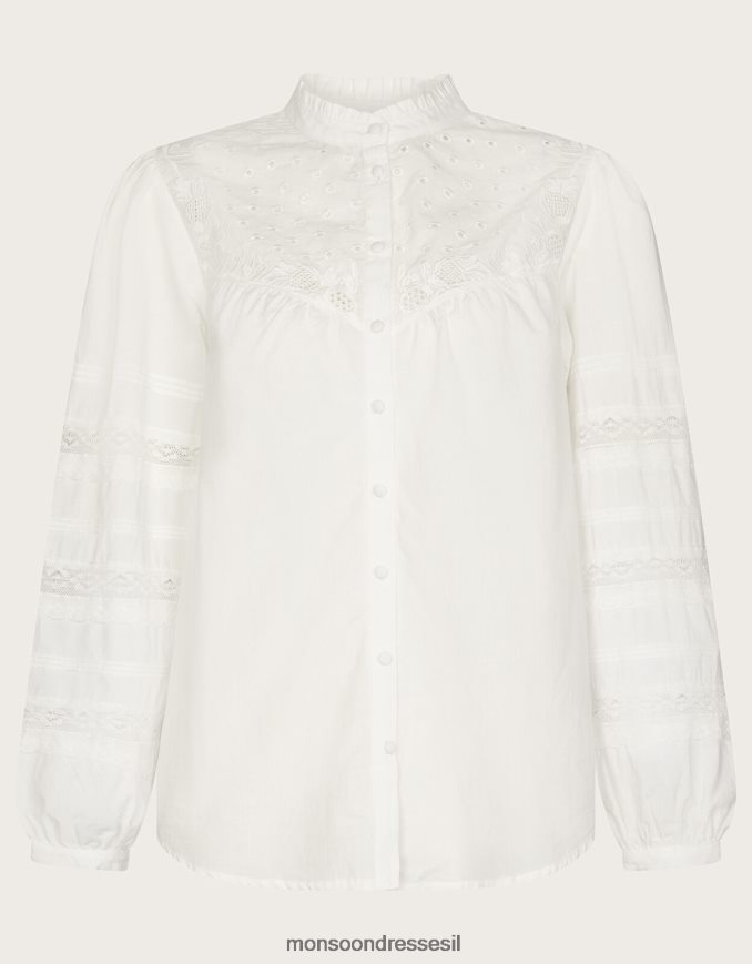 הַלבָּשָׁה Monsoon חולצה רקומה ברונווין broderie pintuck לבן נשים HTJ0TZ122