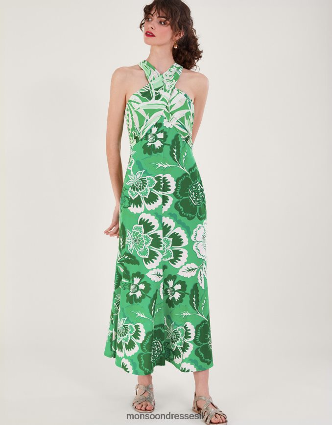 הַלבָּשָׁה Monsoon שמלת מקסי קרוסאובר בהדפס בוטני clo ירוק נשים HTJ0TZ183