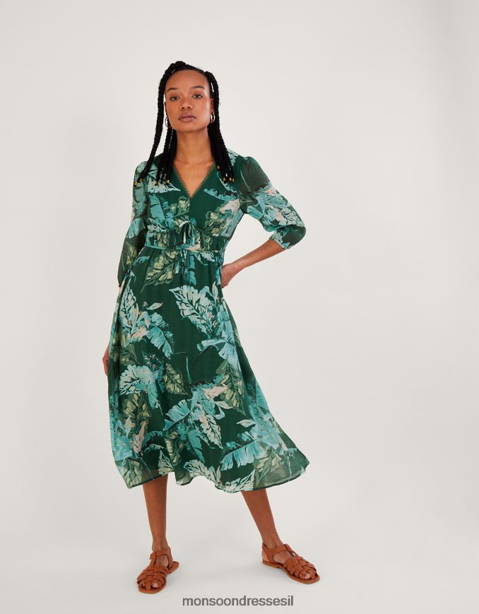 הַלבָּשָׁה Monsoon שמלת תה עם הדפס דקל קלרה עם ecovero ירוק נשים HTJ0TZ1013