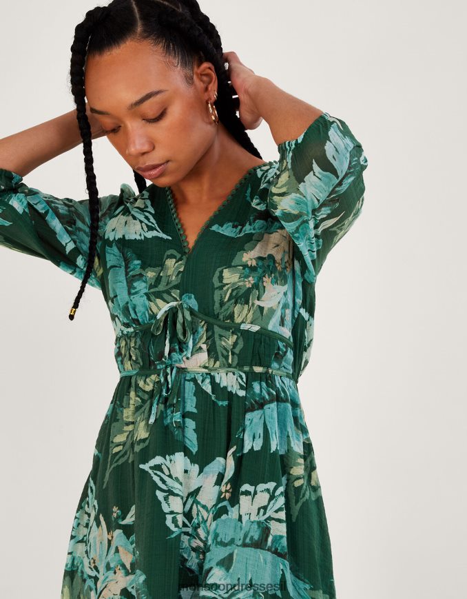 הַלבָּשָׁה Monsoon שמלת תה עם הדפס דקל קלרה עם ecovero ירוק נשים HTJ0TZ1013