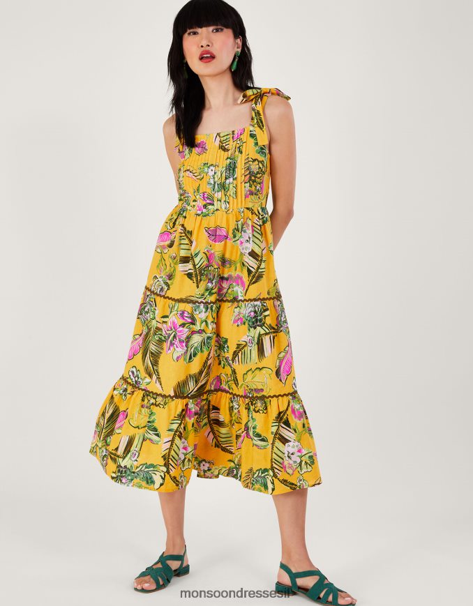 הַלבָּשָׁה Monsoon שמלת קיץ מדורגת עם הדפס בוטני עם ecovero צהוב נשים HTJ0TZ691