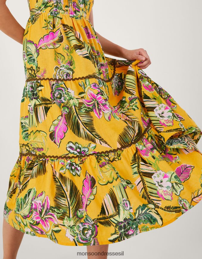 הַלבָּשָׁה Monsoon שמלת קיץ מדורגת עם הדפס בוטני עם ecovero צהוב נשים HTJ0TZ691