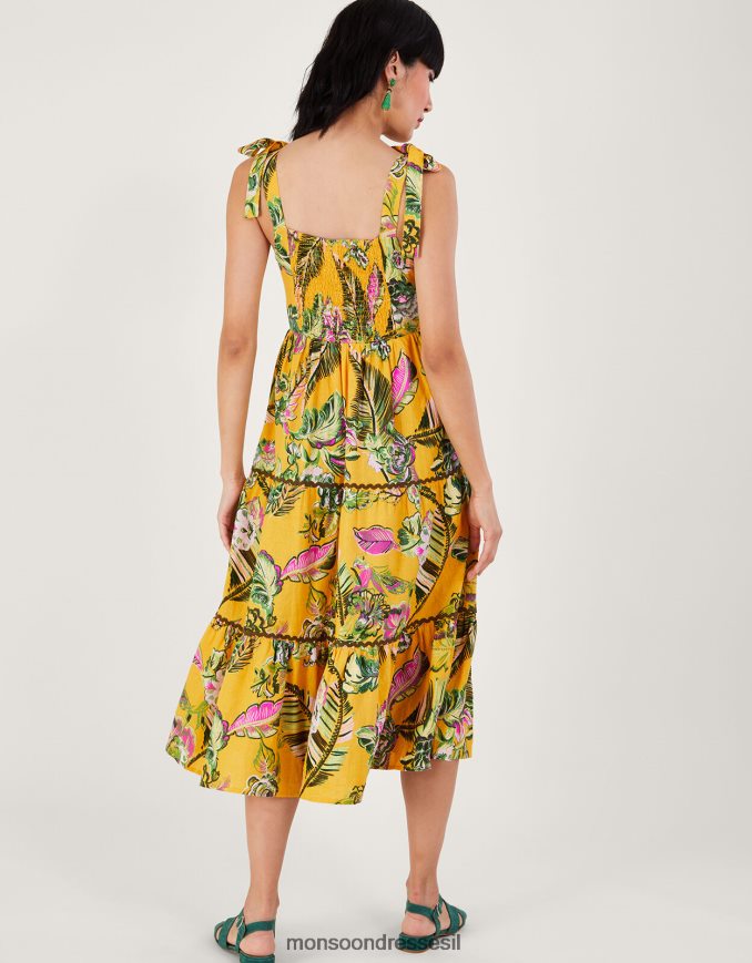 הַלבָּשָׁה Monsoon שמלת קיץ מדורגת עם הדפס בוטני עם ecovero צהוב נשים HTJ0TZ691