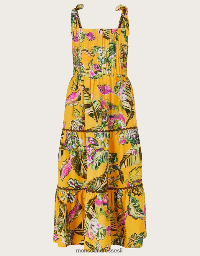 הַלבָּשָׁה Monsoon שמלת קיץ מדורגת עם הדפס בוטני עם ecovero צהוב נשים HTJ0TZ691