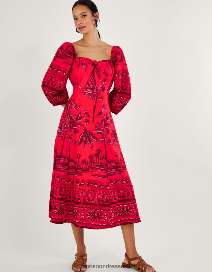 הַלבָּשָׁה Monsoon שמלה עם הדפס דקלים של פאולה עם ecovero אָדוֹם נשים HTJ0TZ735