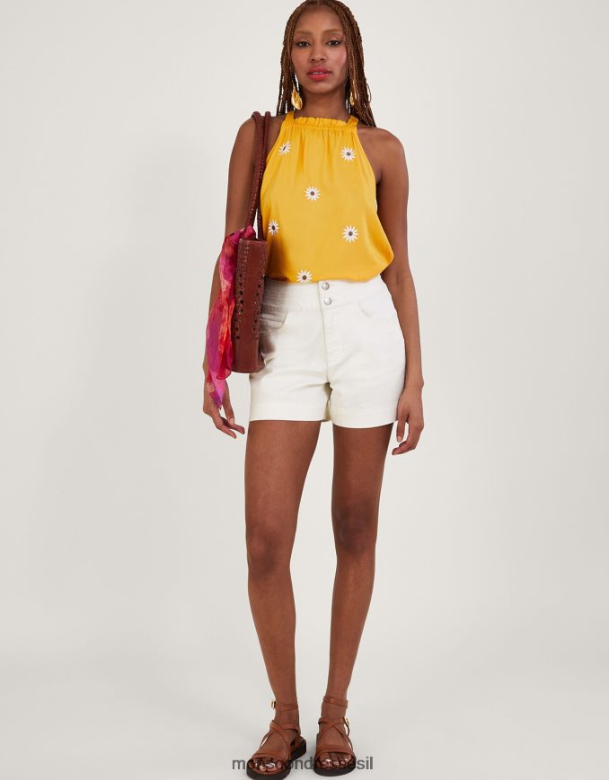 הַלבָּשָׁה Monsoon מכנסי ג'ינס קצרים עם שני כפתורים עם כותנה בת קיימא טבעי (ecru) נשים HTJ0TZ658