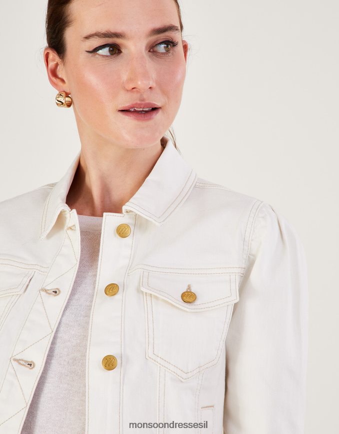 הַלבָּשָׁה Monsoon ז'קט ג'ינס עם שרוולים נפוחים עם כותנה בת קיימא טבעי (ecru) נשים HTJ0TZ781