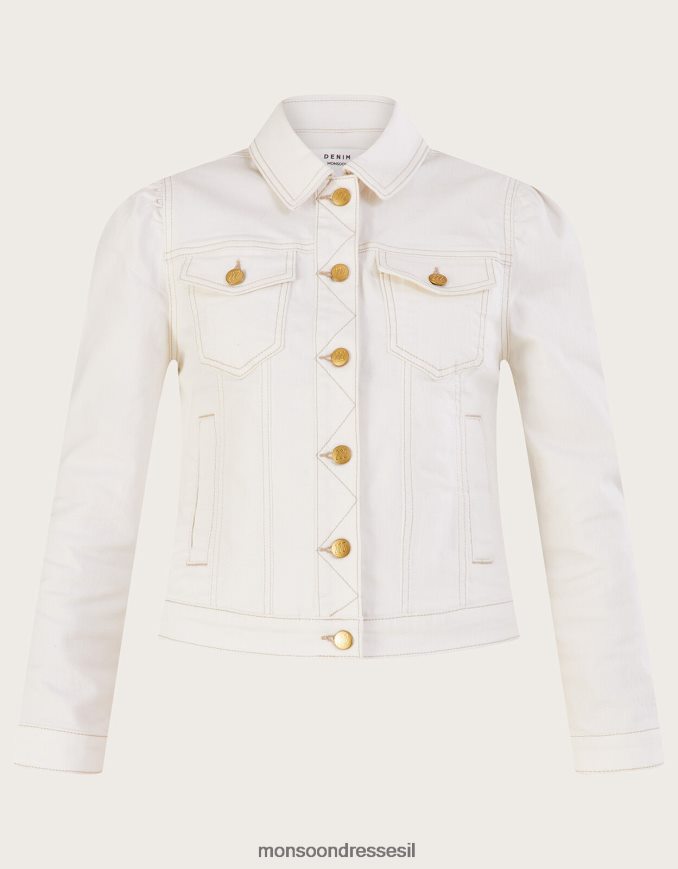 הַלבָּשָׁה Monsoon ז'קט ג'ינס עם שרוולים נפוחים עם כותנה בת קיימא טבעי (ecru) נשים HTJ0TZ781