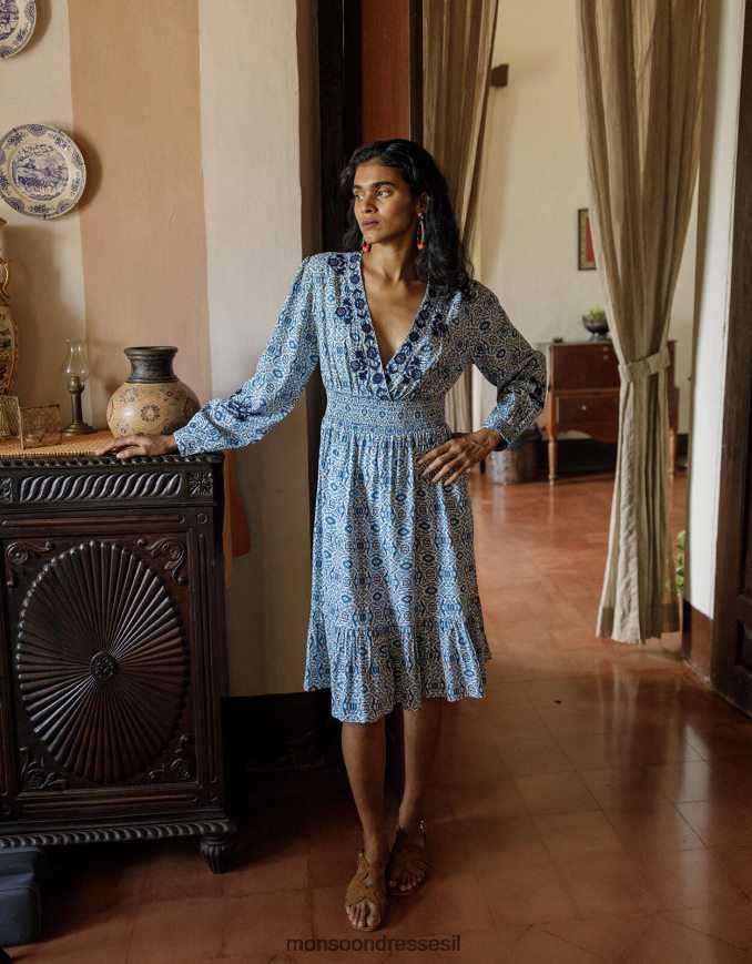 הַלבָּשָׁה Monsoon שמלה רקומה בהדפס גיאומטרי של faye ב-lenzing ecovero כְּחוֹל נשים HTJ0TZ459