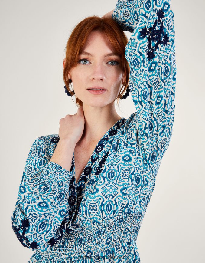 הַלבָּשָׁה Monsoon שמלה רקומה בהדפס גיאומטרי של faye ב-lenzing ecovero כְּחוֹל נשים HTJ0TZ459