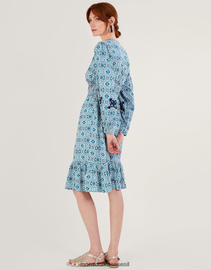 הַלבָּשָׁה Monsoon שמלה רקומה בהדפס גיאומטרי של faye ב-lenzing ecovero כְּחוֹל נשים HTJ0TZ459