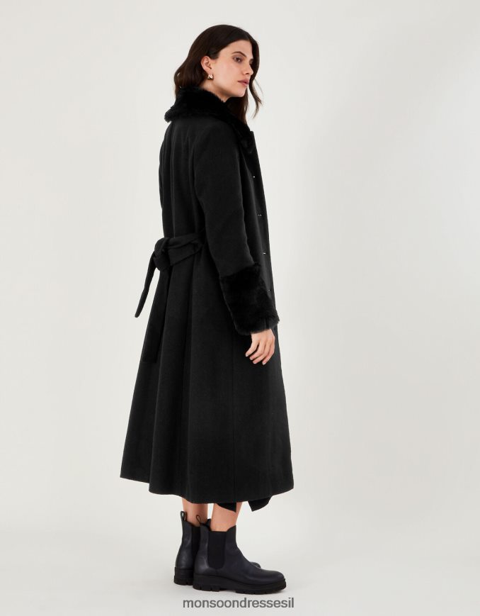 הַלבָּשָׁה Monsoon מעיל תערובת צמר עם חגורת פרווה מלאכותית של felicity שָׁחוֹר נשים HTJ0TZ451