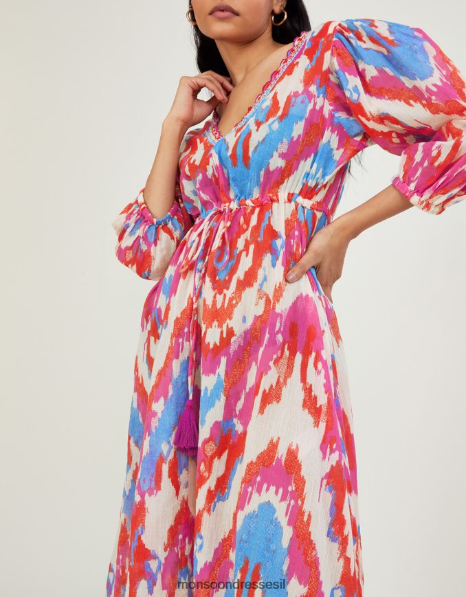 הַלבָּשָׁה Monsoon שמלת מקסי בהדפס ikat מכותנה בת קיימא וָרוֹד נשים HTJ0TZ1042