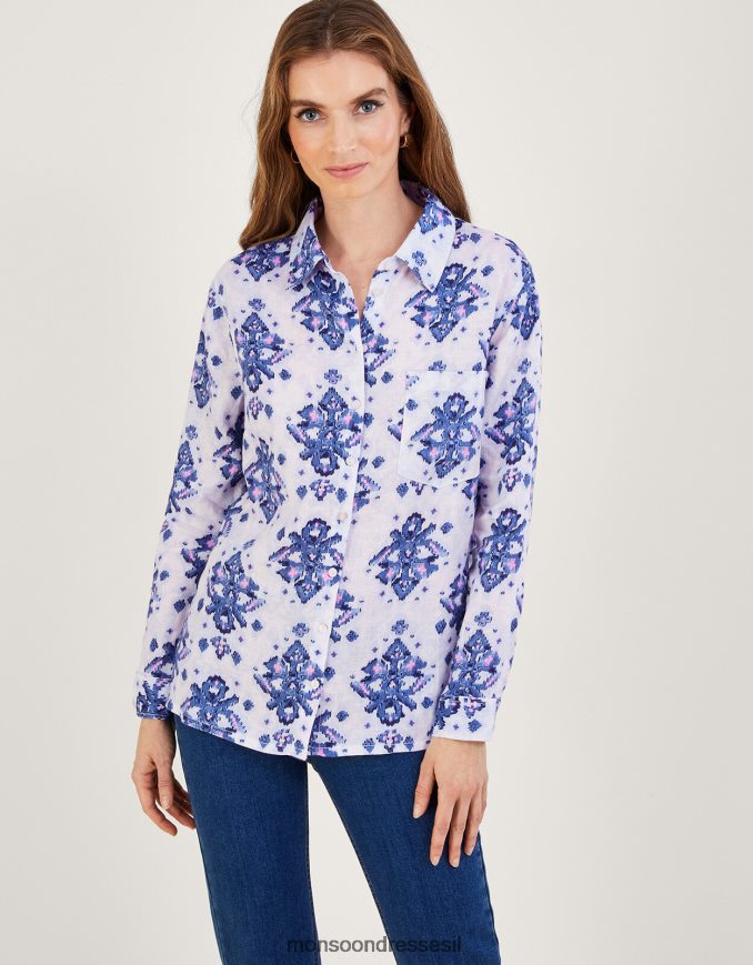 הַלבָּשָׁה Monsoon חולצת פשתן דרך כפתור לורי ikat כְּחוֹל נשים HTJ0TZ845