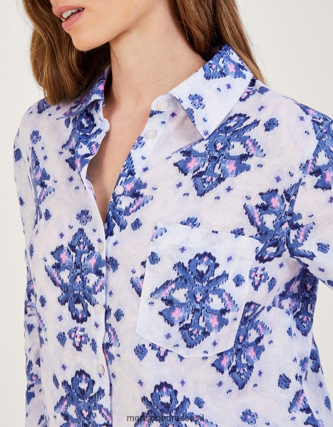 הַלבָּשָׁה Monsoon חולצת פשתן דרך כפתור לורי ikat כְּחוֹל נשים HTJ0TZ845
