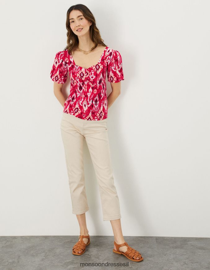 הַלבָּשָׁה Monsoon טופ צווארון מרובע בהדפס ikat מכותנה בת קיימא אָדוֹם נשים HTJ0TZ924