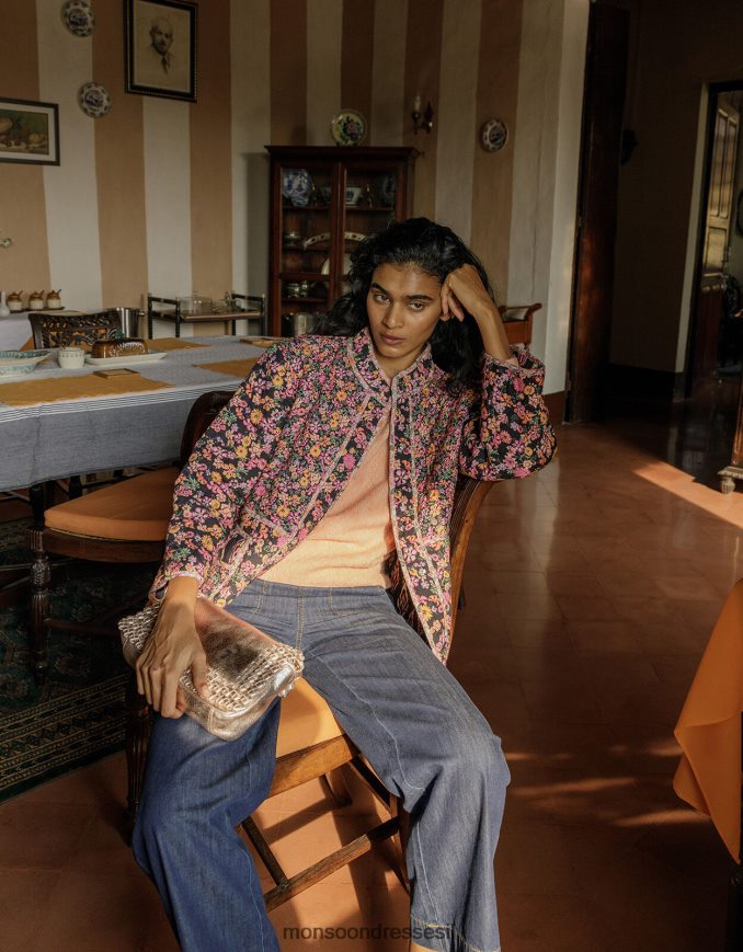 הַלבָּשָׁה Monsoon ז'קט קווילט עם הדפס פרחים ו-ikat ב-lenzing ecovero תפוז נשים HTJ0TZ2803