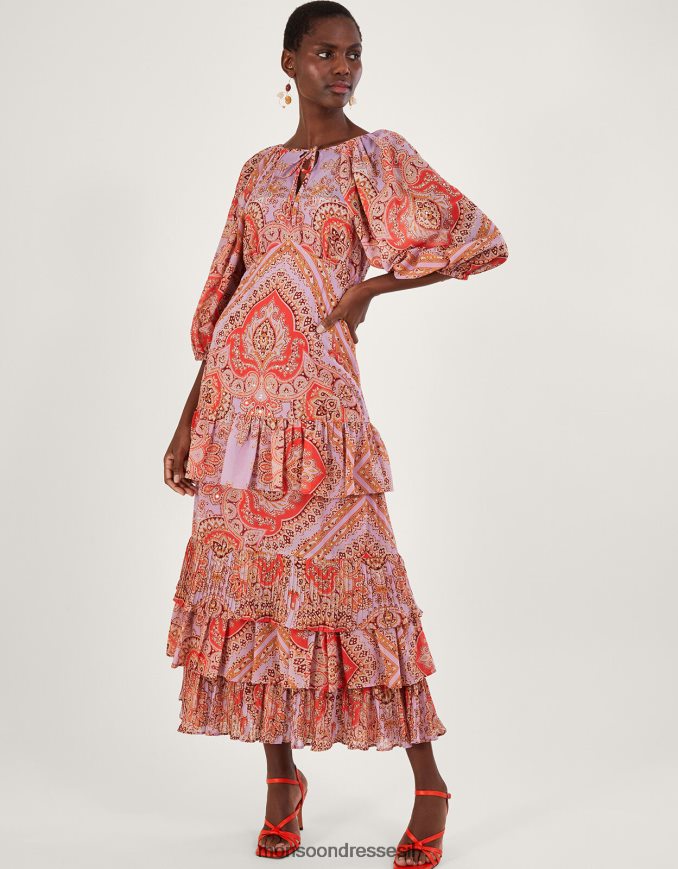 הַלבָּשָׁה Monsoon שמלת מקסי מדורגת מודפסת של laetita עם פוליאסטר ממוחזר סגול (לילך) נשים HTJ0TZ905