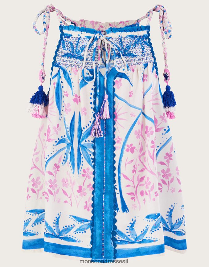 הַלבָּשָׁה Monsoon טופ קאמי עם חרוזים בהדפס כף היד ב-lenzing ecovero כְּחוֹל נשים HTJ0TZ107