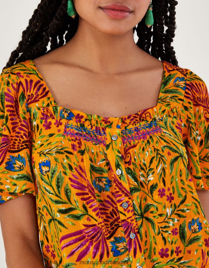 הַלבָּשָׁה Monsoon טופ עם שרוולים קצרים בהדפס פרחים ובדקל ב-lenzing ecovero צהוב נשים HTJ0TZ157