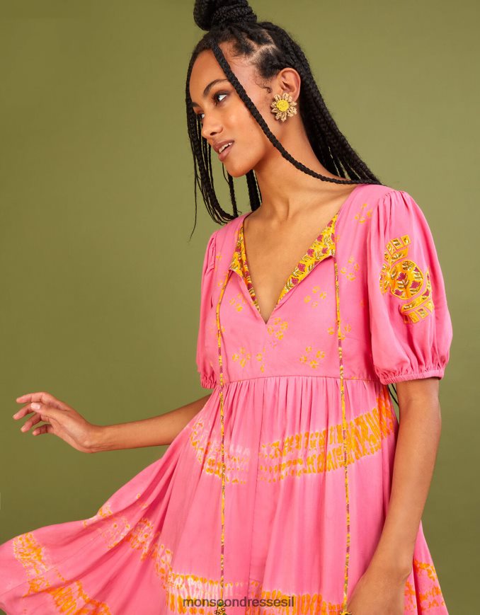 הַלבָּשָׁה Monsoon שמלת בטנה ניגודית בהדפס צבע בנדהאני ב-lenzing ecovero כתום (אלמוגים) נשים HTJ0TZ315