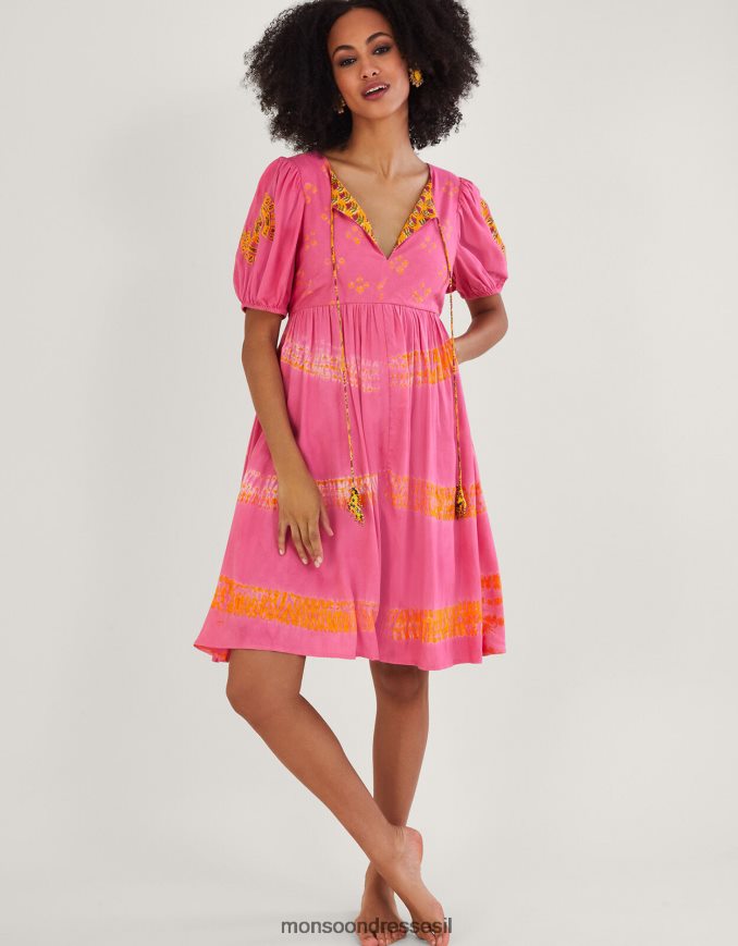 הַלבָּשָׁה Monsoon שמלת בטנה ניגודית בהדפס צבע בנדהאני ב-lenzing ecovero כתום (אלמוגים) נשים HTJ0TZ315