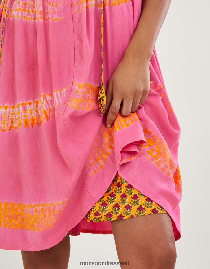 הַלבָּשָׁה Monsoon שמלת בטנה ניגודית בהדפס צבע בנדהאני ב-lenzing ecovero כתום (אלמוגים) נשים HTJ0TZ315