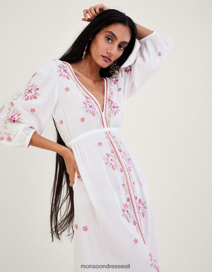 הַלבָּשָׁה Monsoon שמלת מקסי קפטן רקומה ב-lenzing ecovero שֶׁנהָב נשים HTJ0TZ374