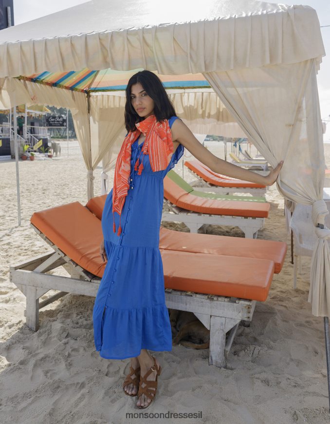 הַלבָּשָׁה Monsoon שמלת מידי חלקה בצווארון סלסול ב-lenzing ecovero כחול (קובלט) נשים HTJ0TZ394